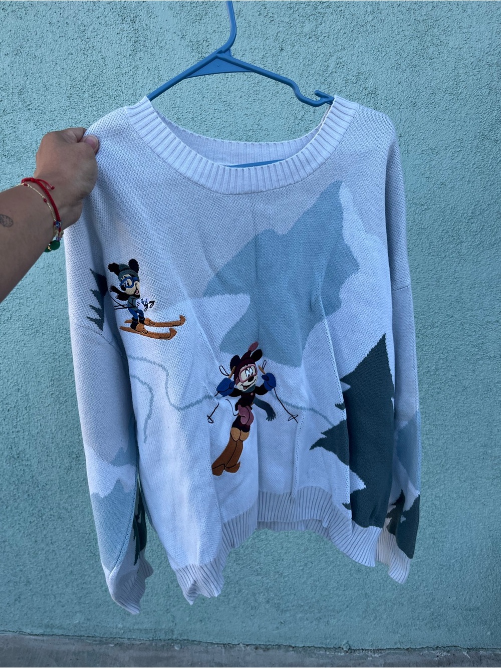 Disney Light Blue Skiing Mickey & Minnie Graphic Crewneck Sweater